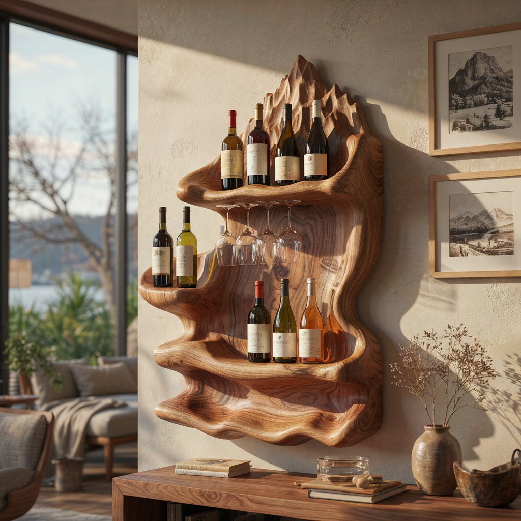Skulpturales Bergkamm-Weinregal aus Massivholz