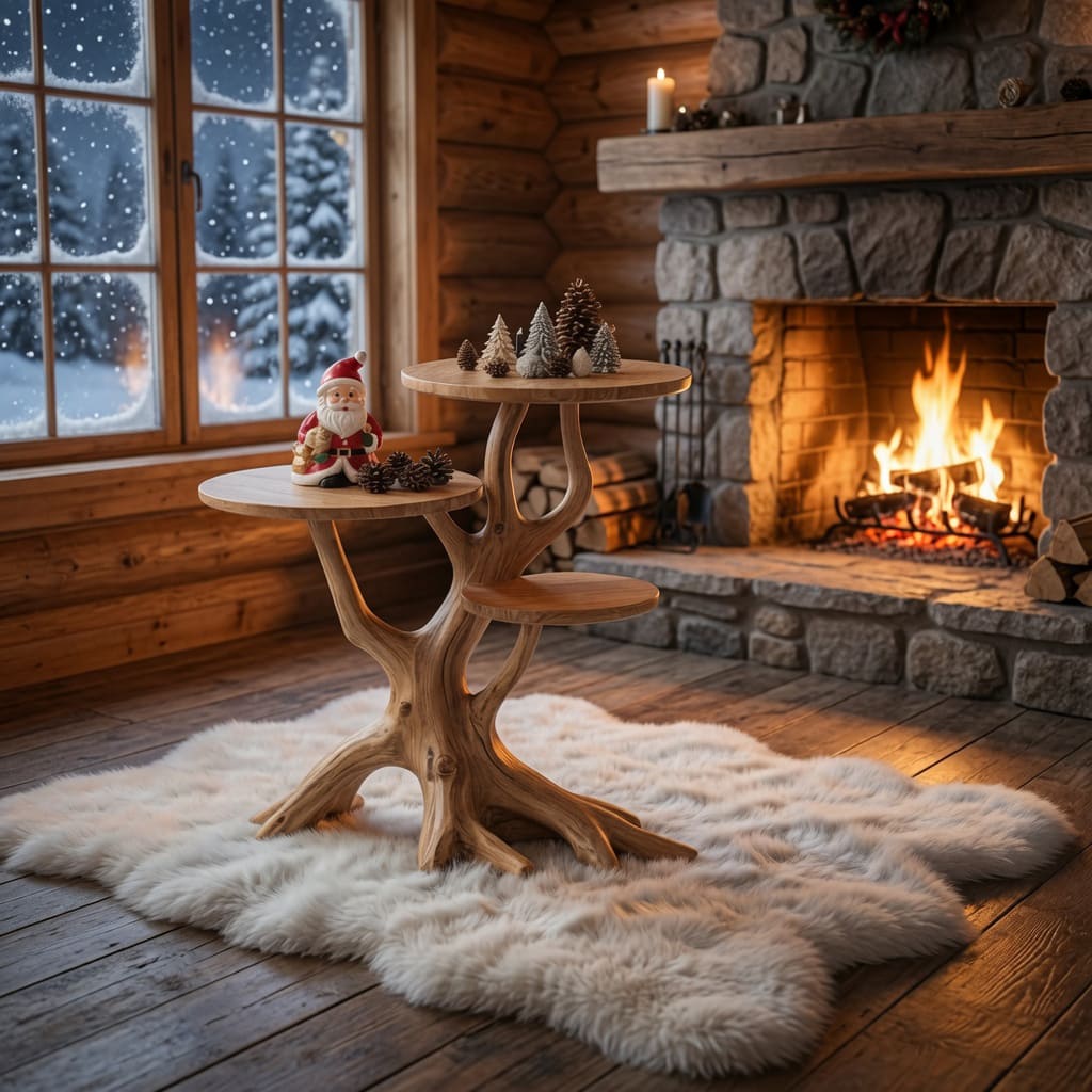 Weihnachtlich inspirierter Holz-Beistelltisch in einem zeitgenössischen Wohnzimmer