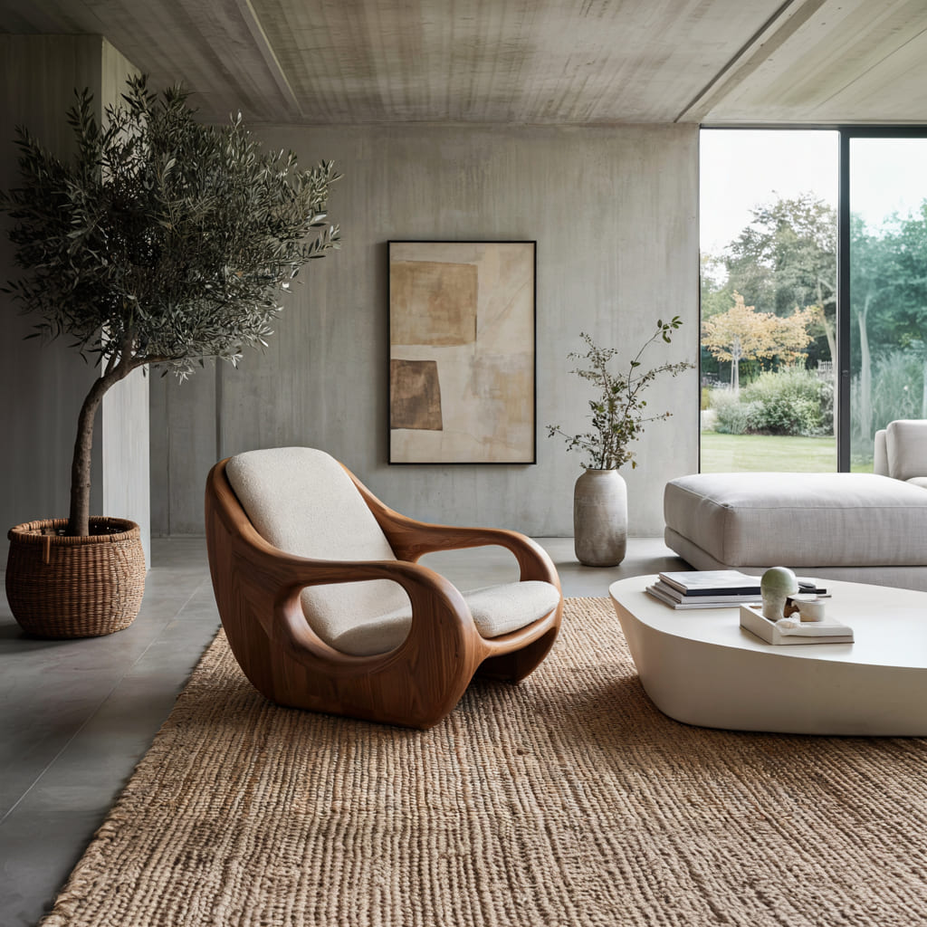 Minimalistischer skulpturaler Stuhl aus Massivholz, gestylt in einem modernen künstlerischen Wohnzimmer