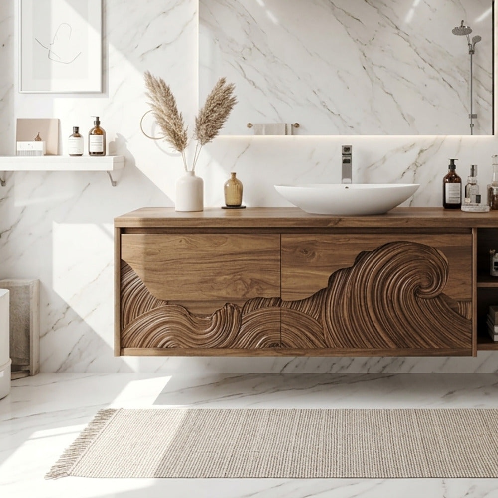 Moderner schwebender Waschtisch aus Massivholz in einem minimalistischen Badezimmer