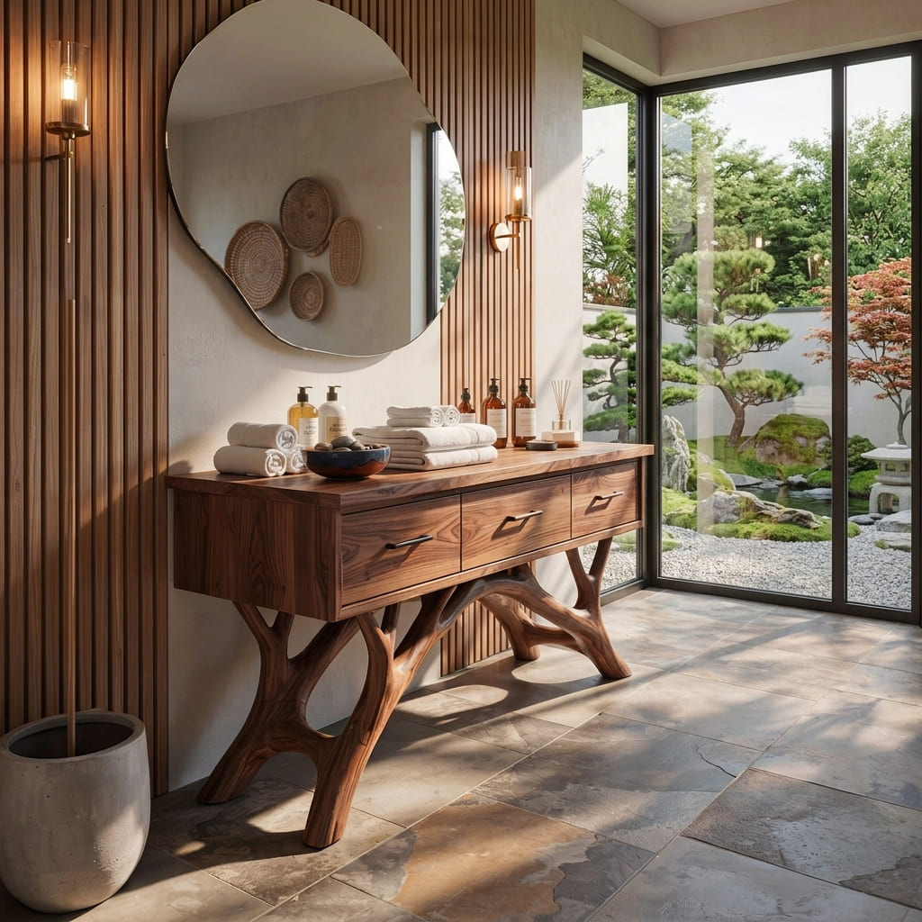 Organisch-moderner Waschtisch, gestylt in einem luxuriösen Spa-inspirierten Badezimmer