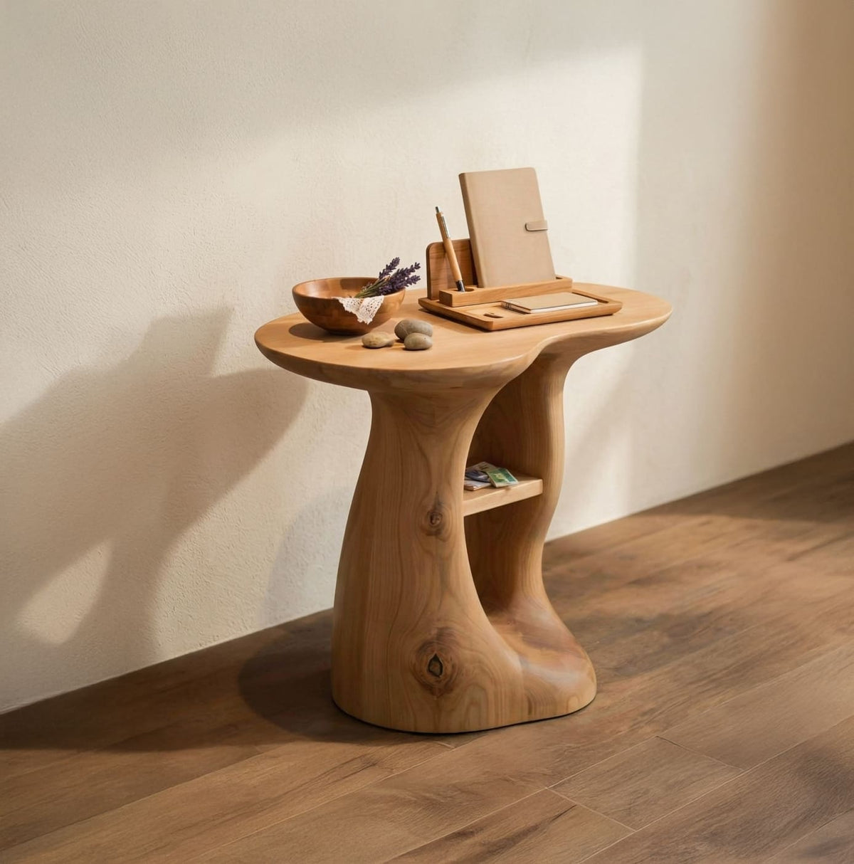 Baumkanten-Beistelltisch aus Massivholz, gestylt in einem zeitgenössischen Wohnzimmer