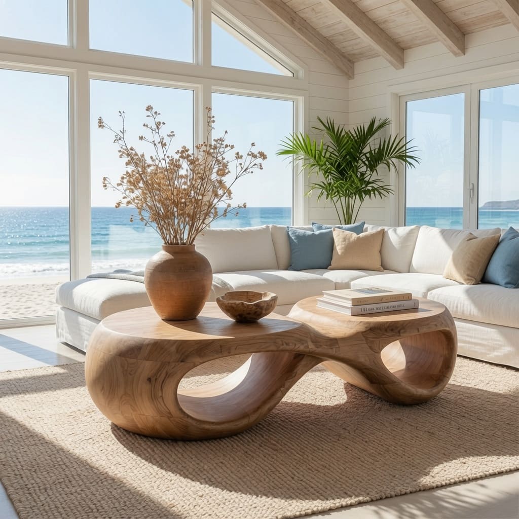 Skulpturaler organischer Baumkanten-Couchtisch aus Massivholz in einem modernen Wohnzimmer