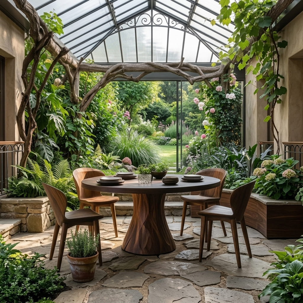 Handgefertigter runder Tisch aus Massivholz für elegantes Essen im Garten und auf der Terrasse