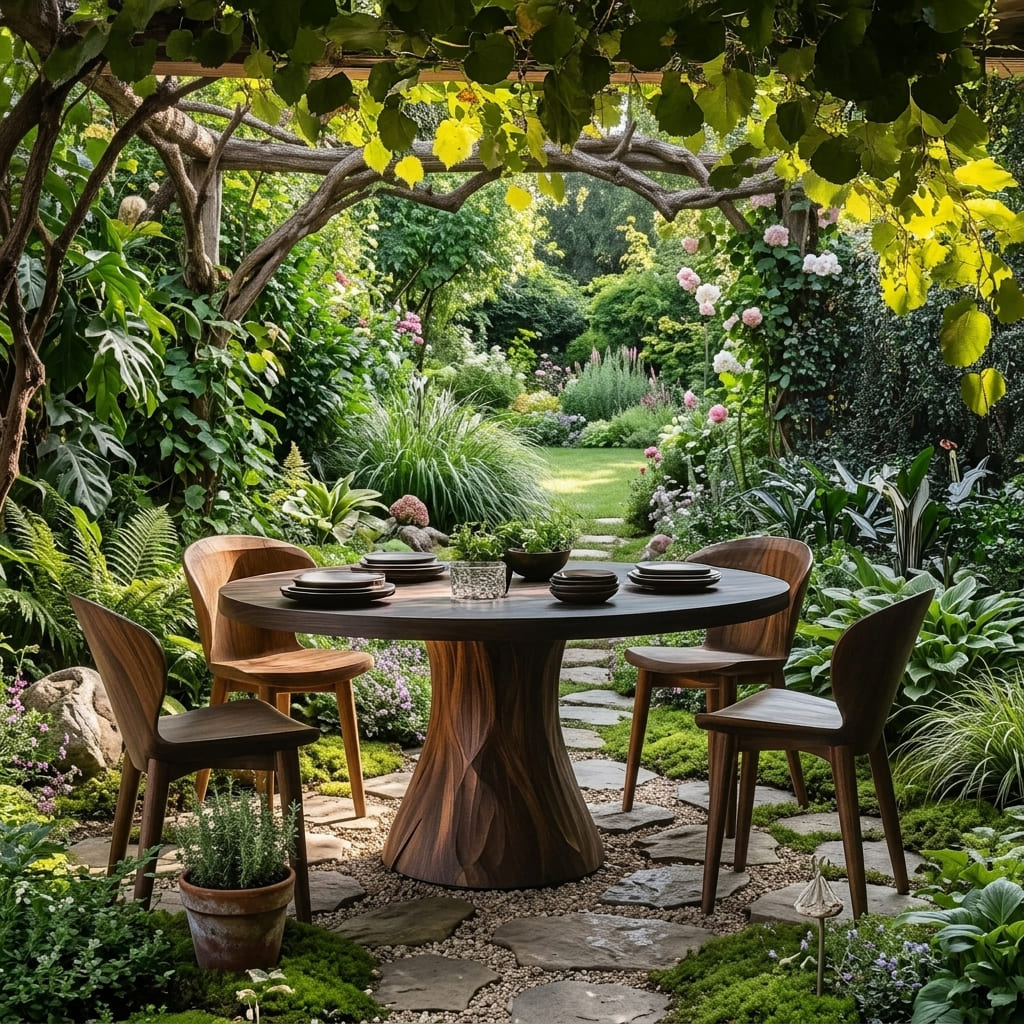 Runder Esstisch aus Massivholz, gestylt in einem zeitgenössischen Garten