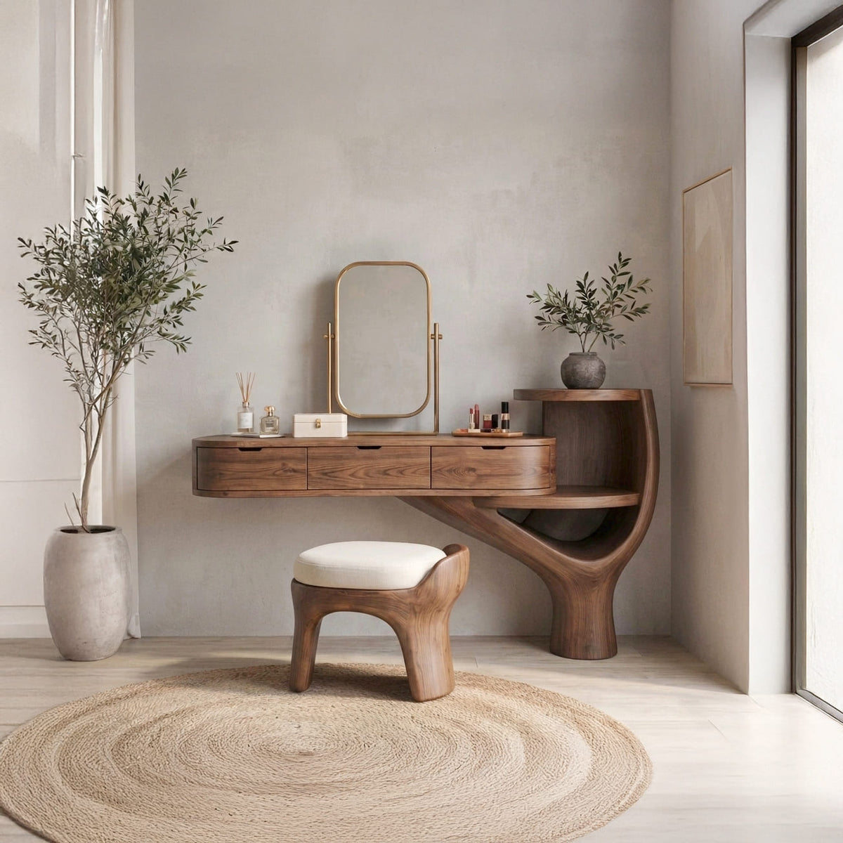 Schminktisch aus Massivholz, gestylt in einem minimalistischen Schlafzimmer-Ankleidebereich