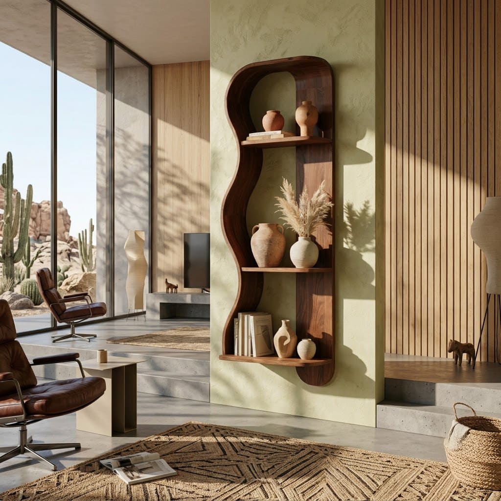 Modernes wandmontiertes Regal aus Massivholz mit organischer welliger Silhouette für elegante Wohnräume
