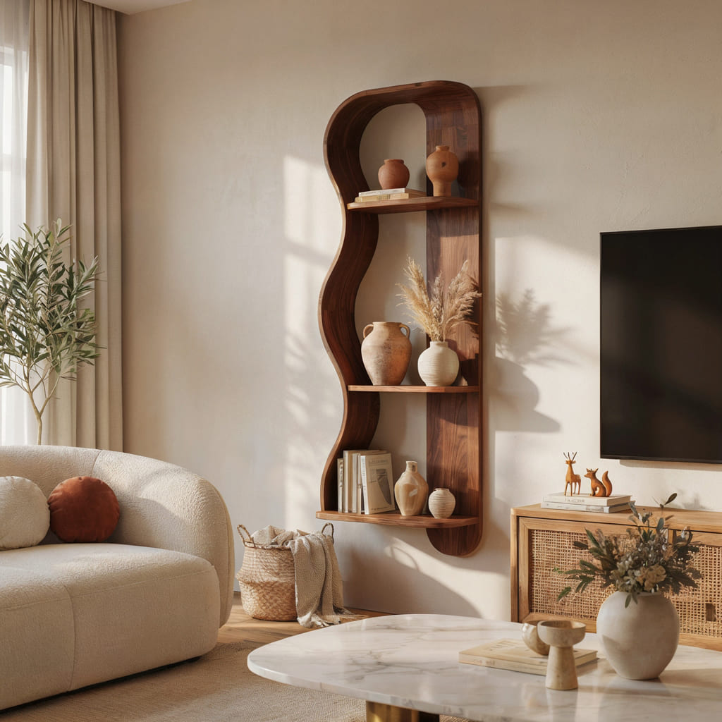 Schauregal aus Massivholz im skulpturalen organischen welligen Design für moderne Wohnzimmerinterieurs