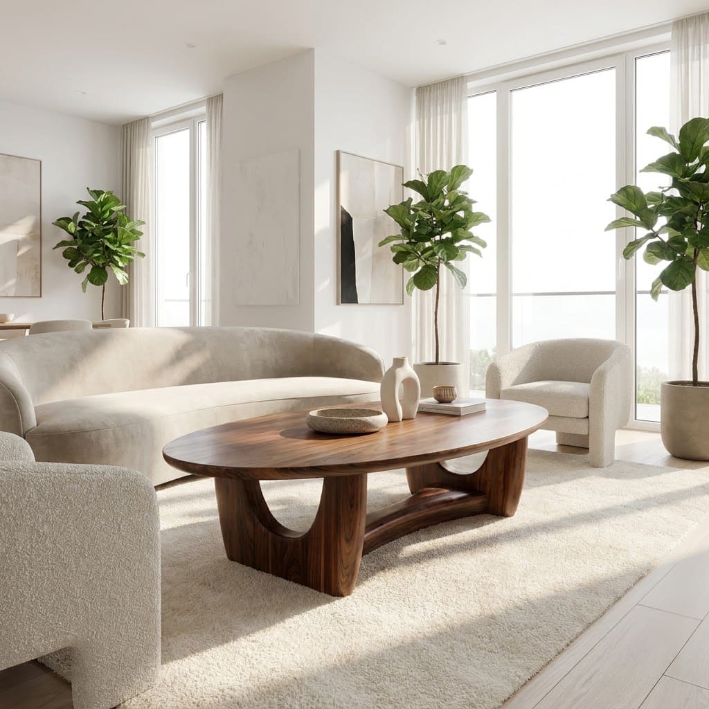 Skulpturaler ovaler Couchtisch aus Massivholz mit Bogen-Wiegenfuß für moderne Wohnzimmer