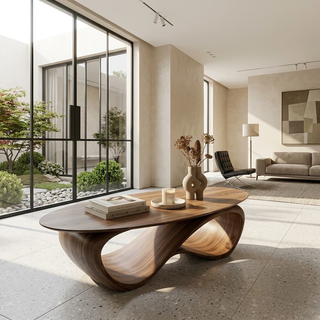 Skulpturaler ovaler Couchtisch aus Massivholz mit durchgehendem Unendlichkeitswellen-Fuß für moderne Wohnzimmer
