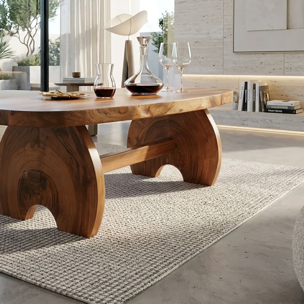 Skulpturaler Couchtisch aus Massivholz mit ovaler Bohlenplatte und geschwungenem Säulenfuß