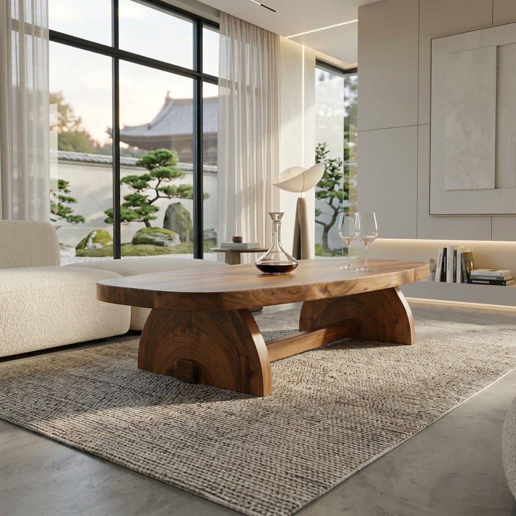 Skulpturaler ovaler Bohlen-Couchtisch aus Massivholz mit Halbmond-Säulenfuß für moderne Wohnzimmer