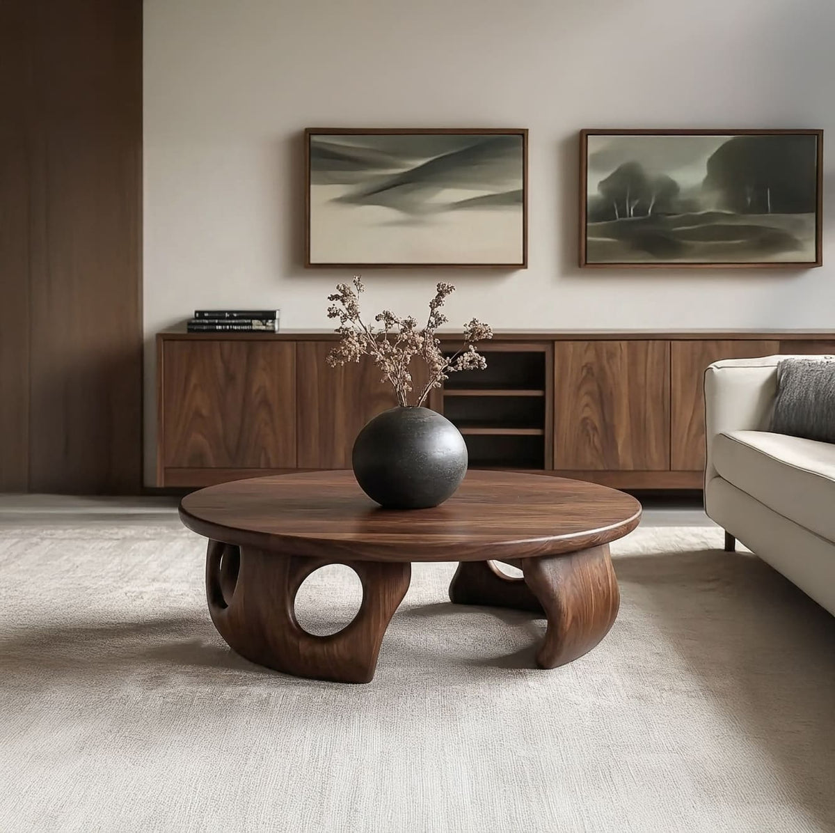 Japandi-Couchtisch aus Massivholz, präsentiert als Mittelpunkt in einem minimalistischen Wohnzimmer