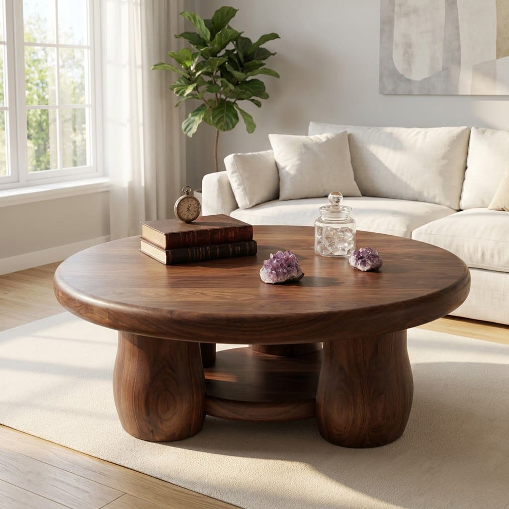 Skulpturaler runder Couchtisch aus Massivholz mit unterem Stauraumfach für moderne Wohnzimmer