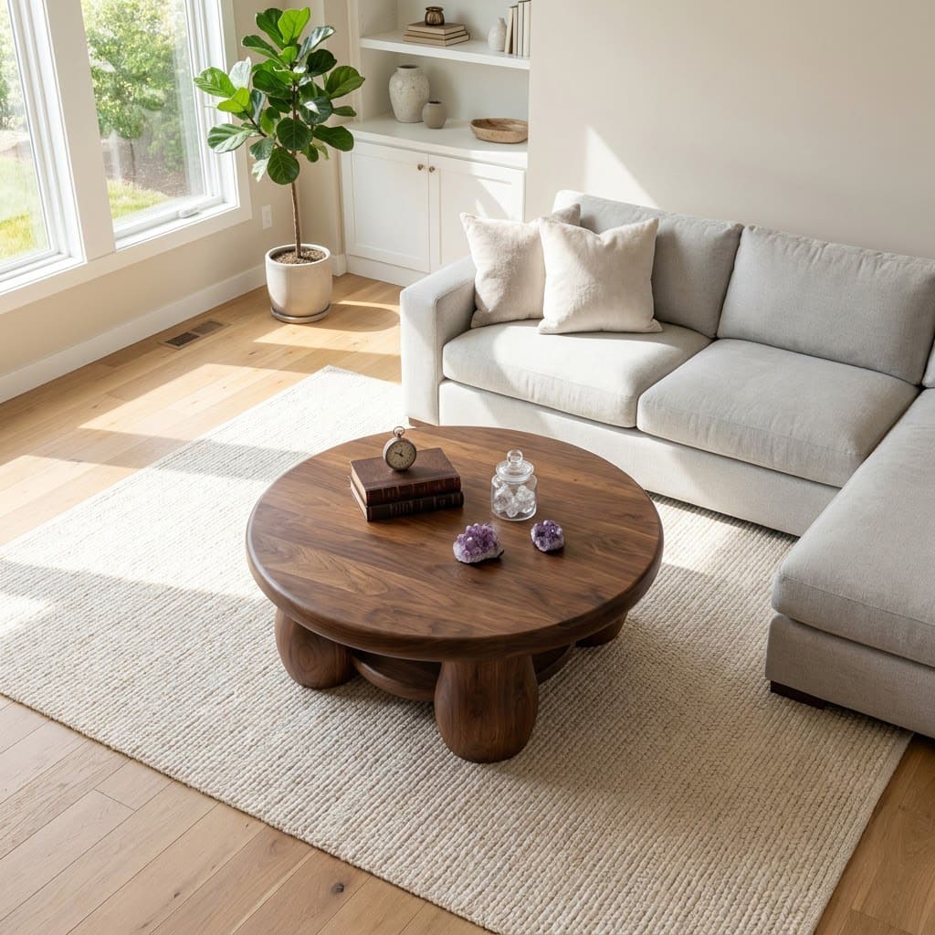 Moderner runder Couchtisch aus Massivholz mit offenem unterem Fach für zeitgenössische Wohnbereiche