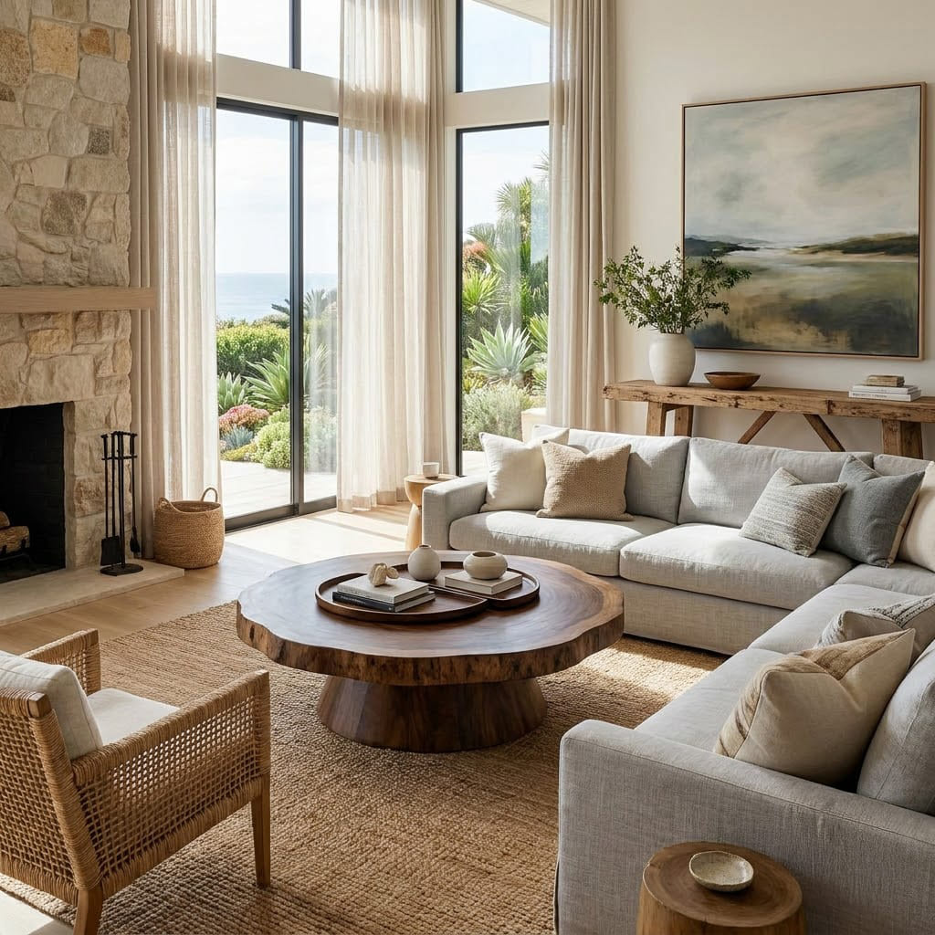 Skulpturaler runder Baumkanten-Couchtisch aus Massivholz mit konischem Säulenfuß für moderne Wohnzimmer