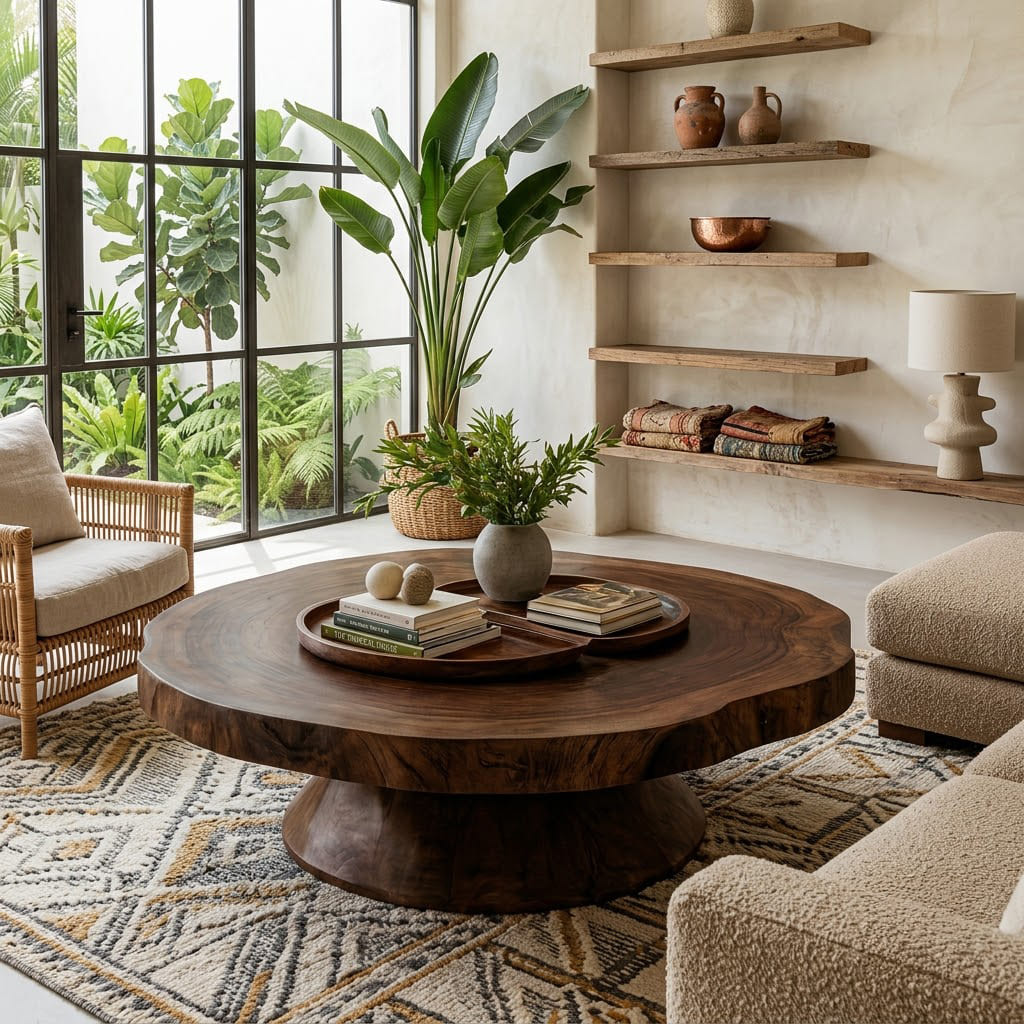 Skulpturaler Baumkanten-Couchtisch aus Massivholz mit runder Platte für elegante moderne Wohnzimmer