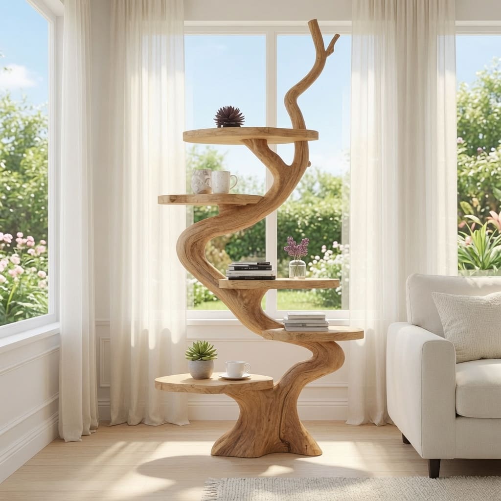 Skulpturales Baumregal aus Massivholz in einem modernen Wohnzimmer