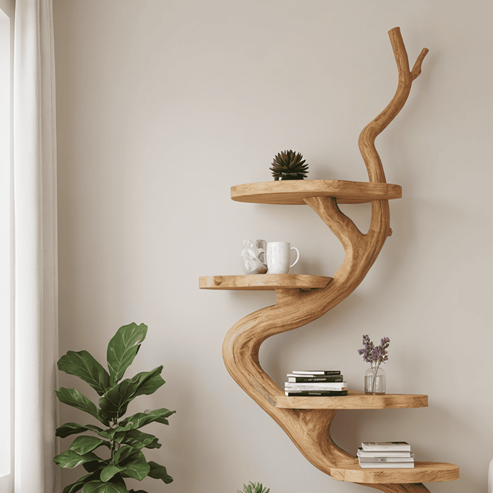 Modernes Baum-Bücherregal aus Massivholz mit skulpturaler Silhouette