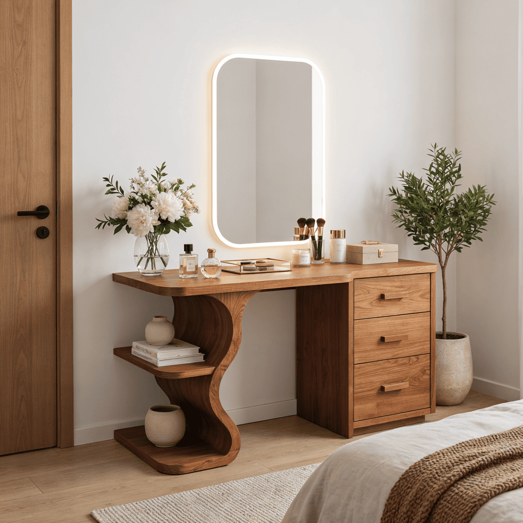 Minimalistischer S-förmiger Schminktisch aus Massivholz in einem sonnigen Schönheits-Schlafzimmer