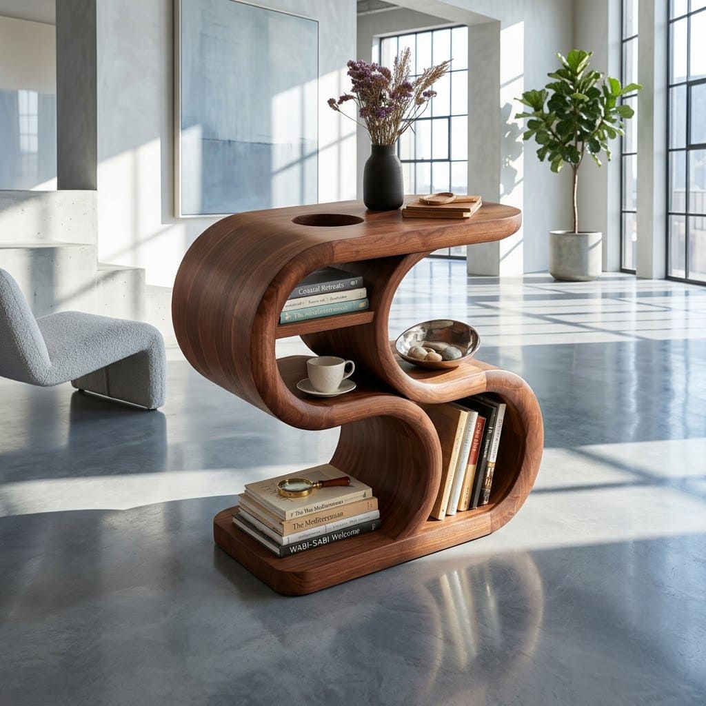 Skulpturaler S-förmiger Beistelltisch aus Massivholz mit mehrstöckigen Regalen für moderne Wohnzimmer