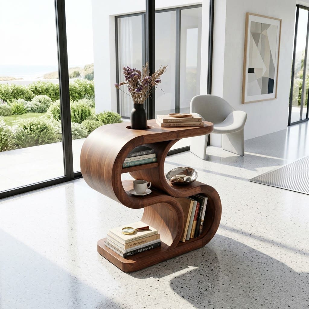 Skulpturales Akzentregal aus Massivholz im geschwungenen mehrstöckigen Design für modernes Wohndekor