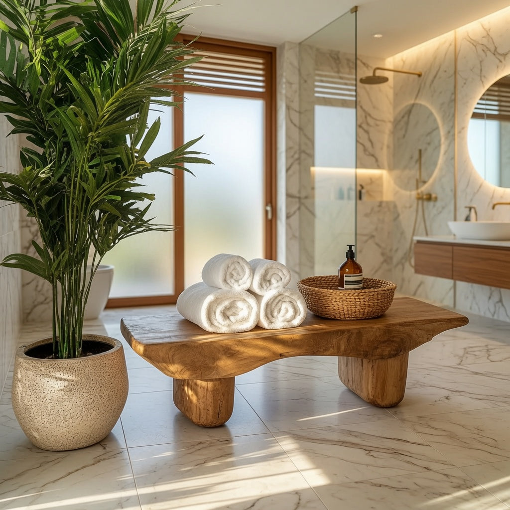 Skulpturale Duschbank aus Massivholz mit Stauraum in einem luxuriösen Badezimmer