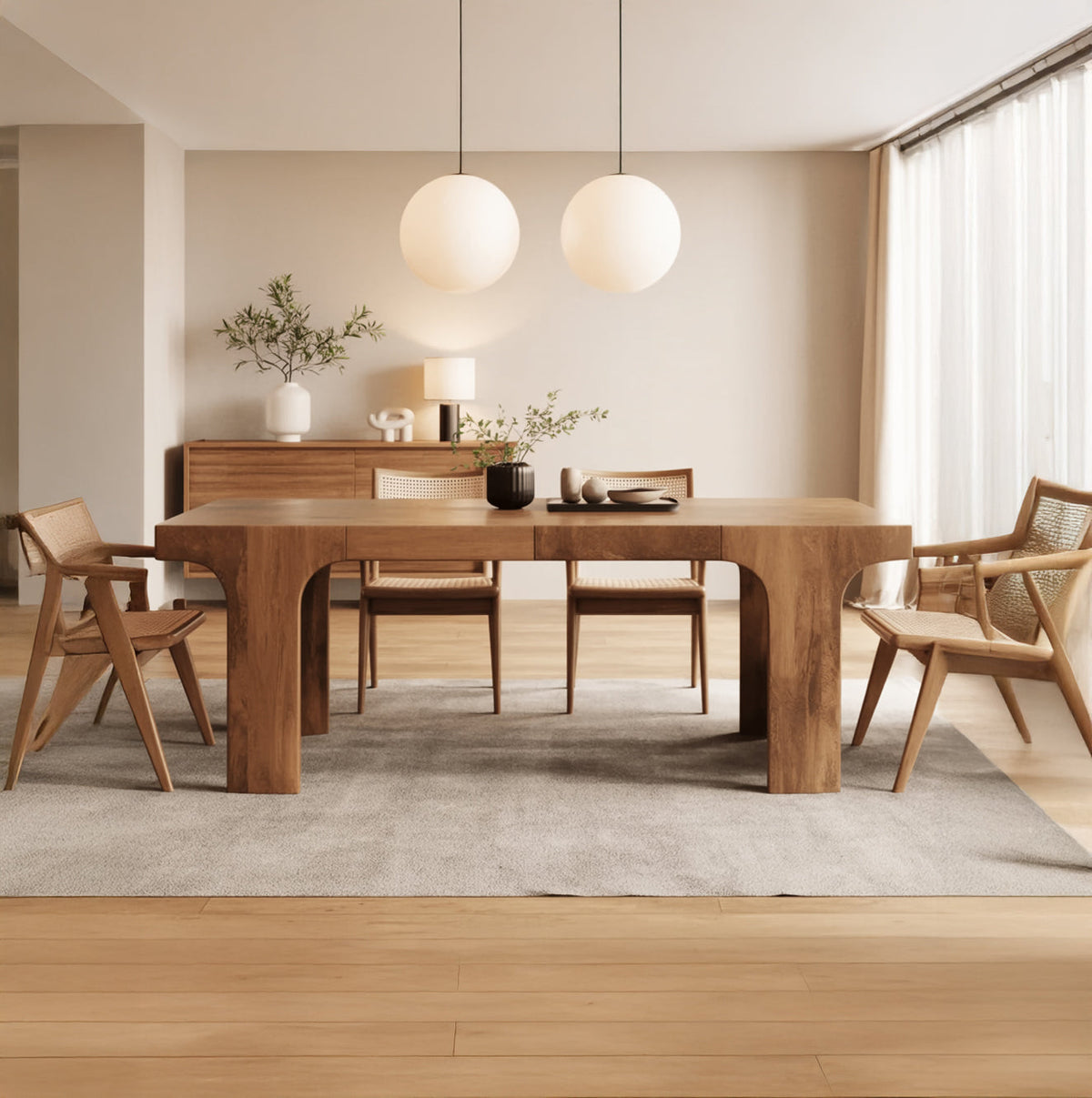 Skulpturale Essgruppe aus Massivholz im modernen Japandi-Design