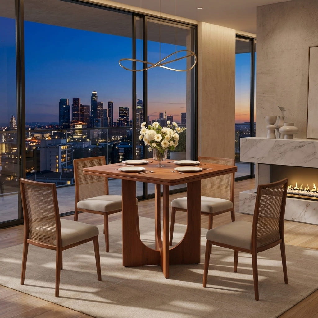 Architektonischer Esstisch mit modernen Esszimmerstühlen in einem eleganten Zuhause