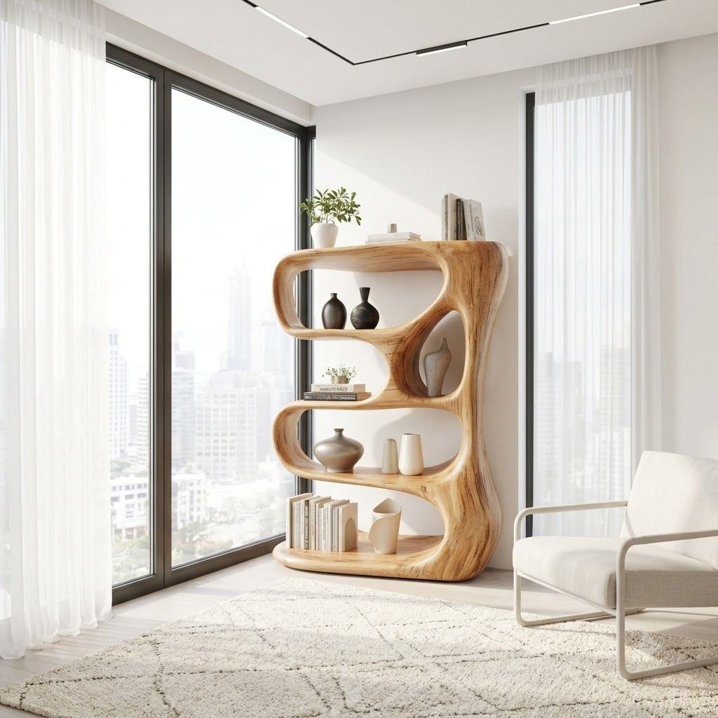 Skulpturales handgeschnitztes Bücherregal aus Massivholz in einem modernen Wohnzimmer