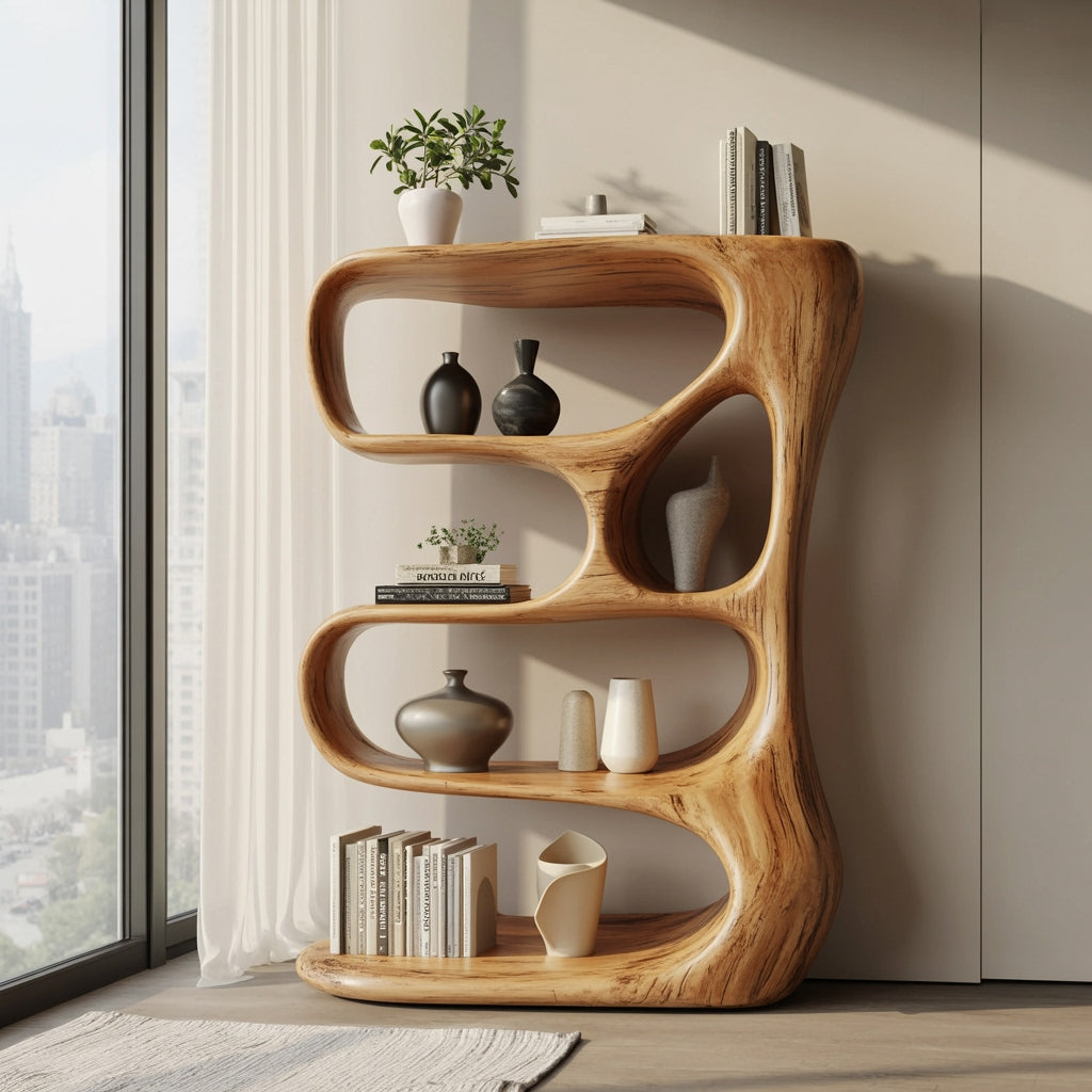 Künstlerisches handgeschnitztes Bücherregal aus Massivholz in einer minimalistischen Leseecke