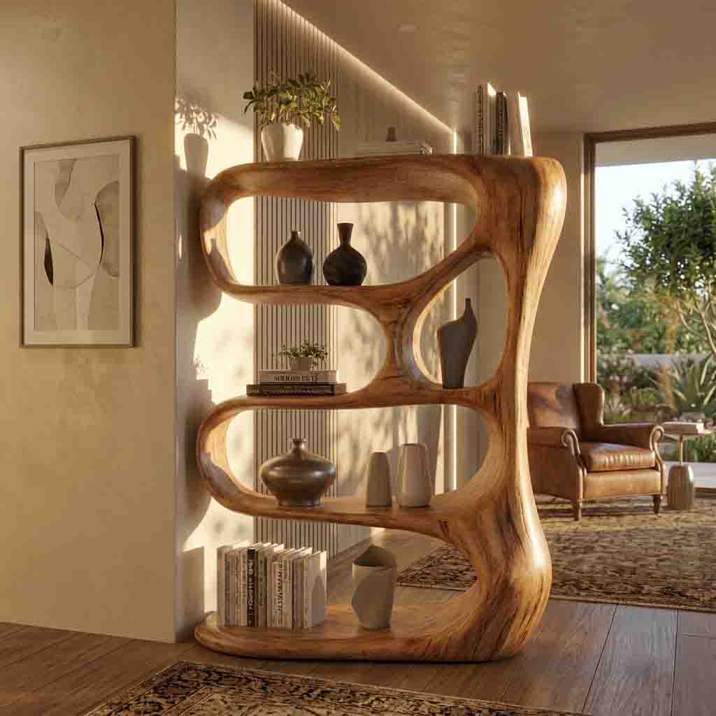 Skulpturales handgeschnitztes Bücherregal aus Massivholz in einem zeitgenössischen Wohnzimmer