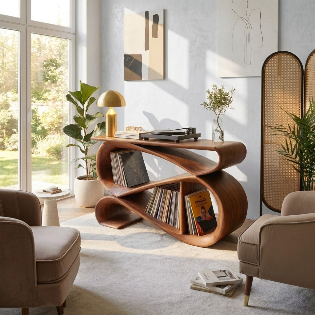 Skulpturale Unendlichkeitsschleifen-Plattenspielerkonsole aus Massivholz in einem zeitgenössischen Interieur