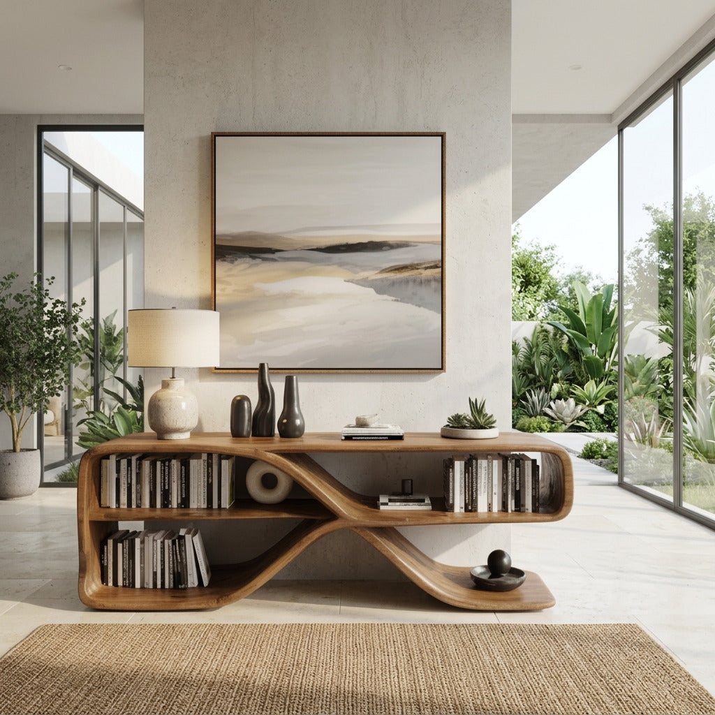 Skulpturales offenes Sideboard aus Massivholz in einem modernen Wohnzimmer