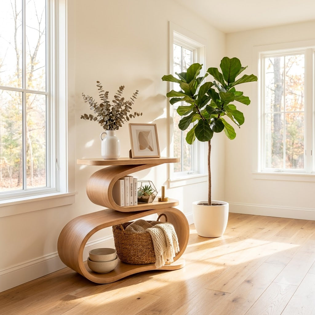 Skulpturale gestufte Konsole aus Massivholz, präsentiert in einem modernen Wohninterieur