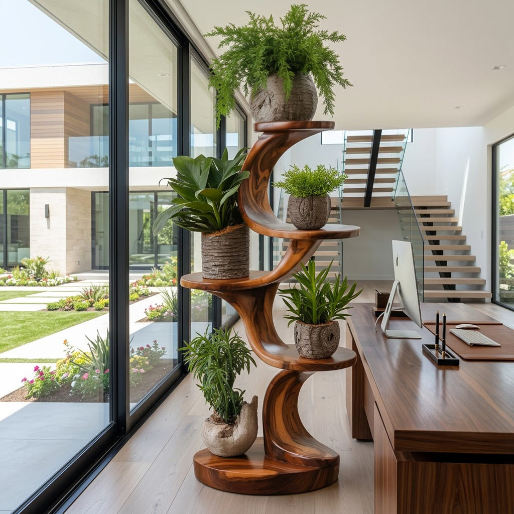 Organischer Spiral-Pflanzenständer aus Massivholz, präsentiert in einem stilvollen Wohninterieur