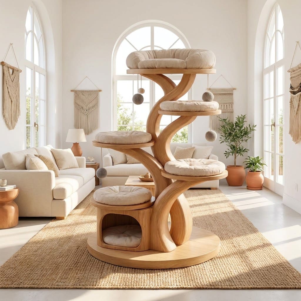 Skulpturaler Kratzbaum-Turm aus Massivholz in einem modernen Wohnzimmer