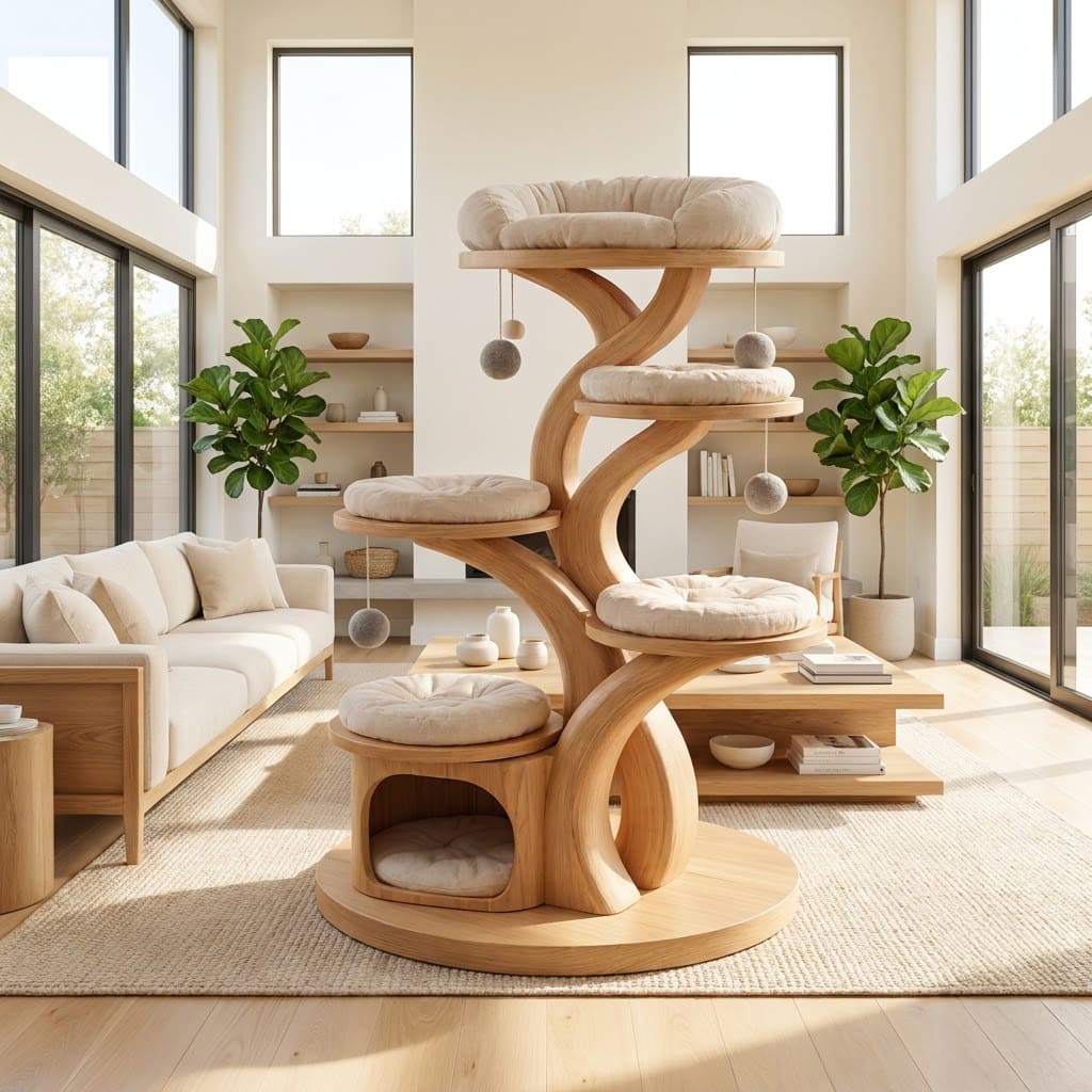 Luxuriöser Kratzbaum-Turm aus Massivholz in einem zeitgenössischen Wohnbereich