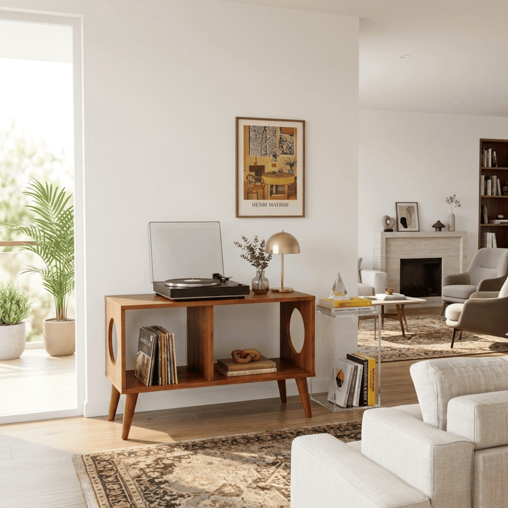 Mid-Century-Plattenspielerständer aus Massivholz in einem zeitgenössischen Interieur