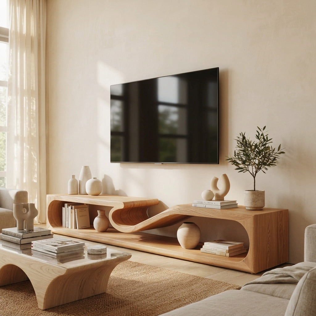 Skulpturales Wellen-TV-Lowboard aus Massivholz in einem zeitgenössischen Wohnzimmer