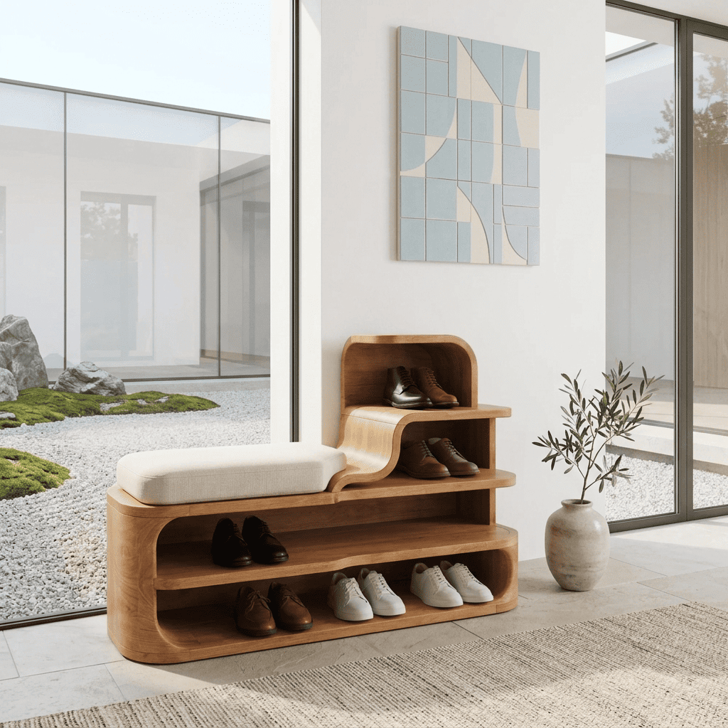 Moderne Schuhbank aus Massivholz für den Eingangsbereich eines stilvollen Foyers