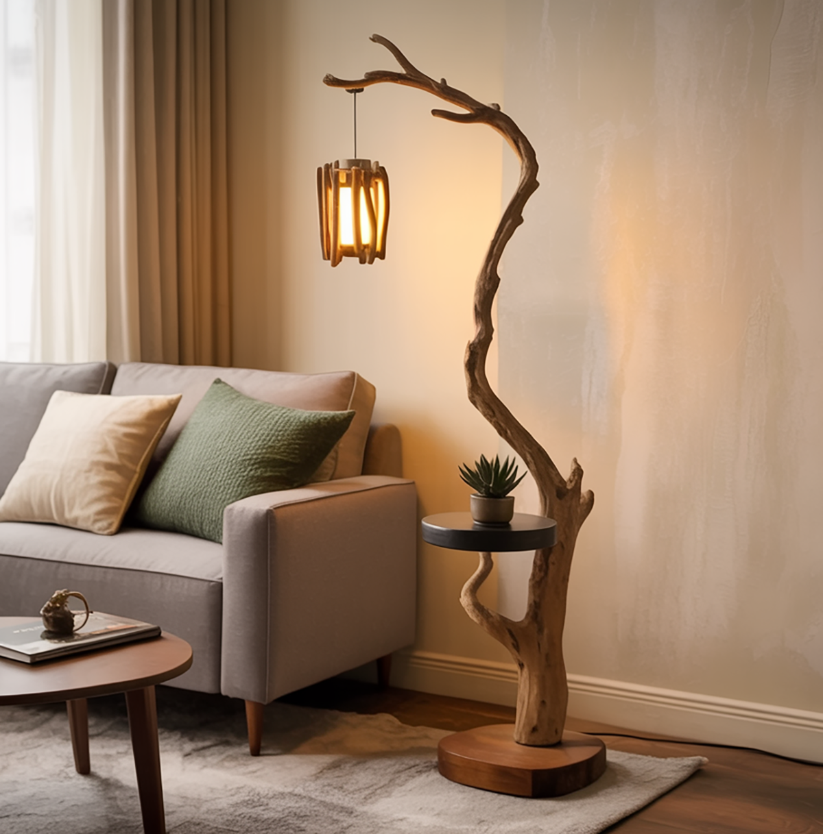 Skulpturale Ast-Stehlampe mit Beistelltisch