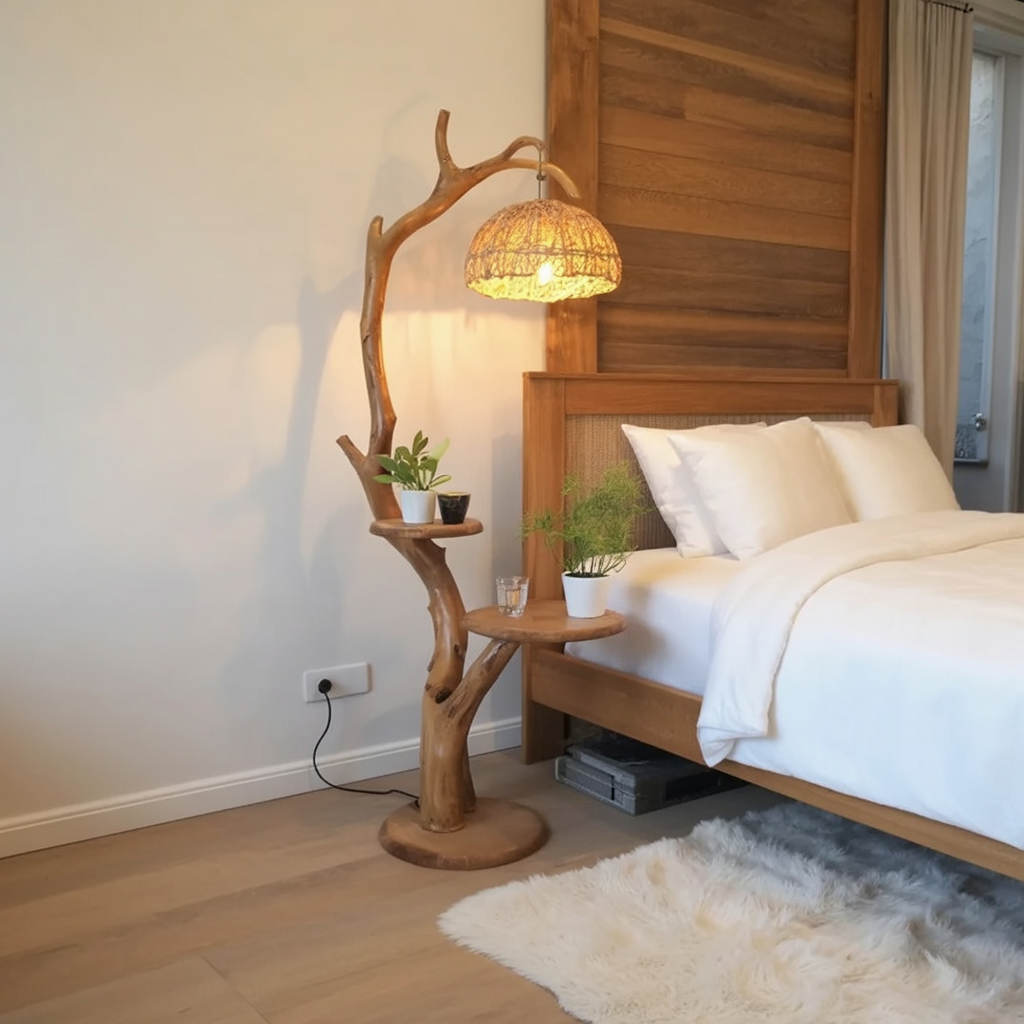 Handgemachte Astlampe mit skulpturaler Holzsilhouette