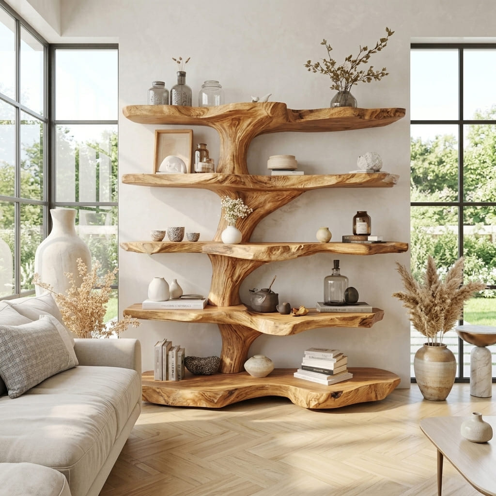 Skulpturales Baum-Bücherregal aus Massivholz, gestylt in einem modernen Wohnzimmer