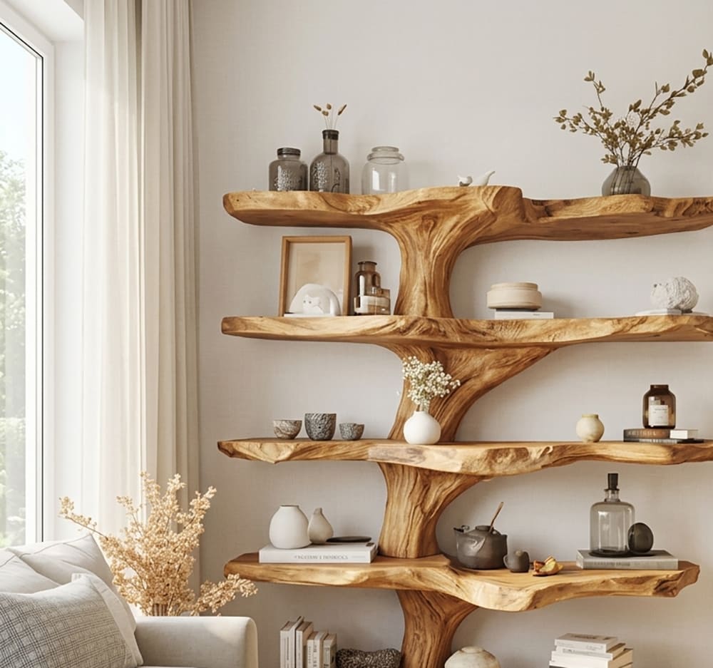 Skulpturales Baum-Schauregal aus Naturholz