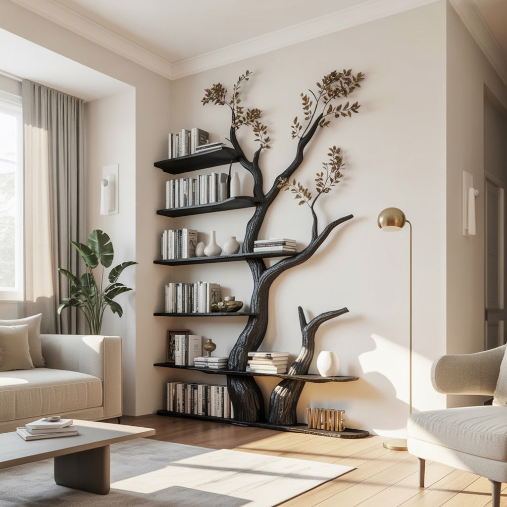 Baum-Bücherregal aus Massivholz in dunkler Oberfläche, gefüllt mit Büchern im Wohnzimmer