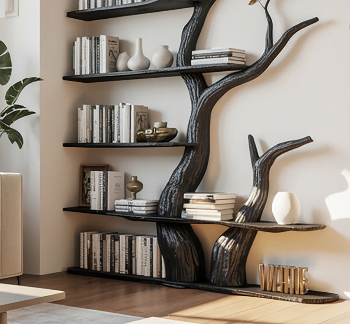 Baum-Wandbücherregal aus dunklem Holz, gestylt mit Büchern und weißen Vasen