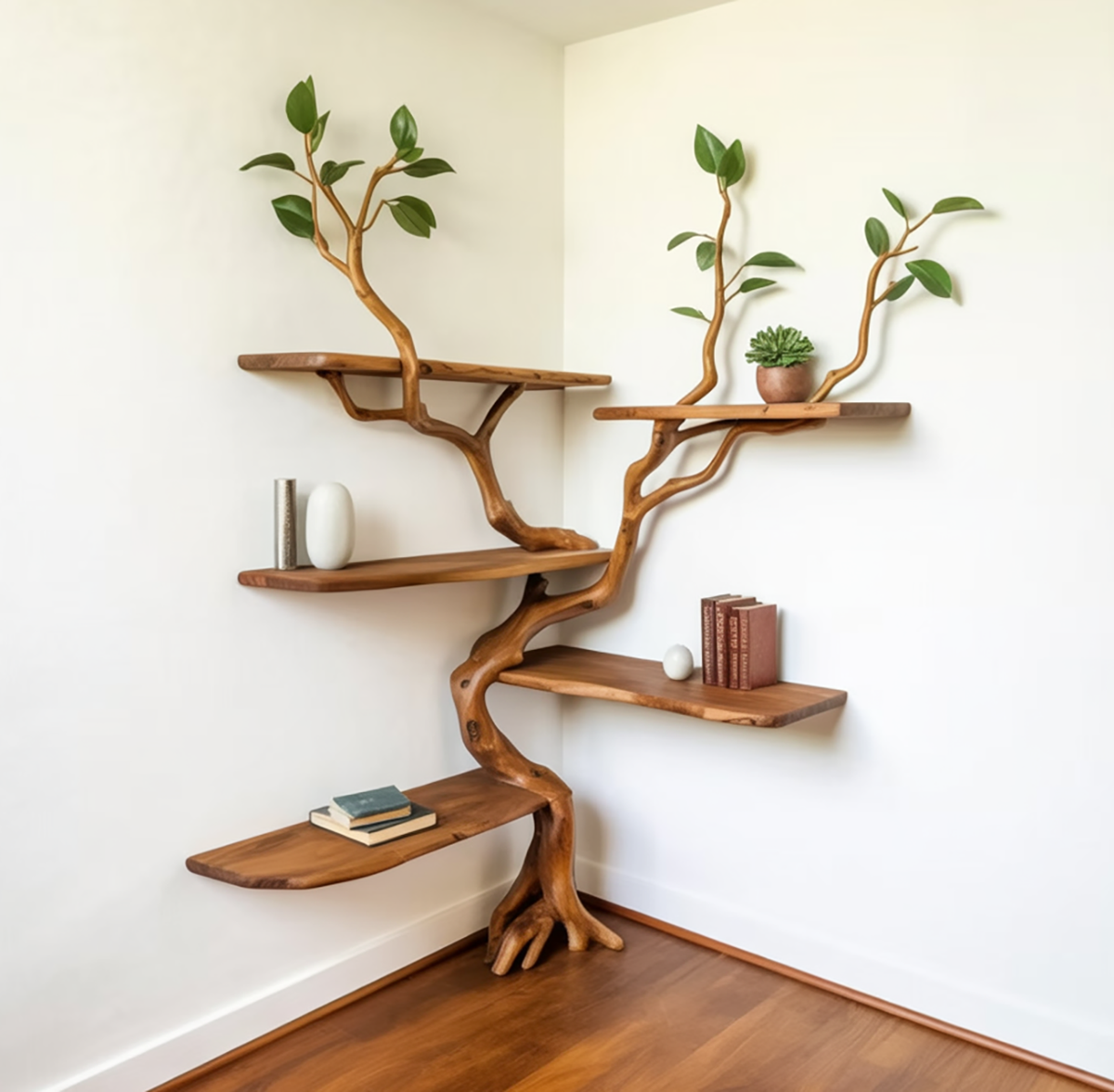 Skulpturales Baum-Wandbücherregal aus Massivholz für die Leseecke