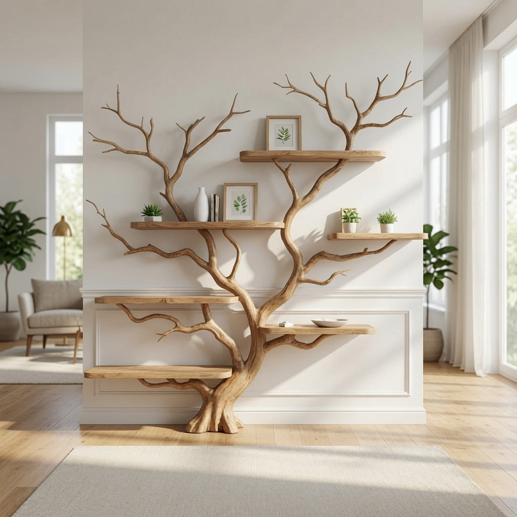 Organisch-modernes Baum-Bücherregal aus Naturhartholz