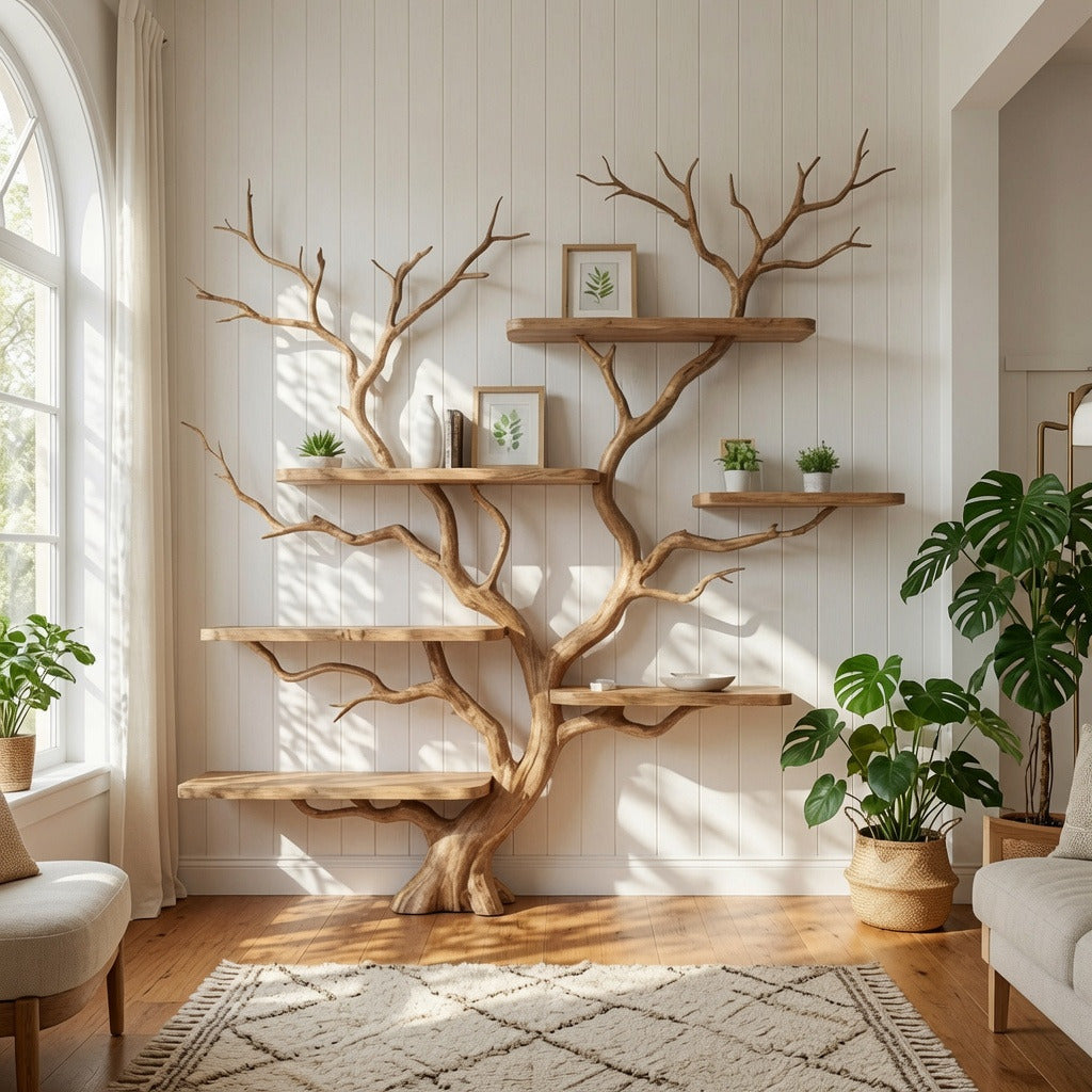 Rustikales Baum-Bücherregal aus Massivholz, das ein minimalistisches Interieur aufwertet